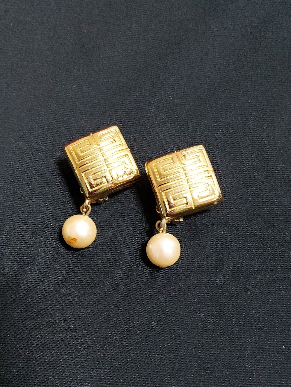 GIVENCHY  Vintage Gold-Tone Square Drop Earrings with Pearl Accent